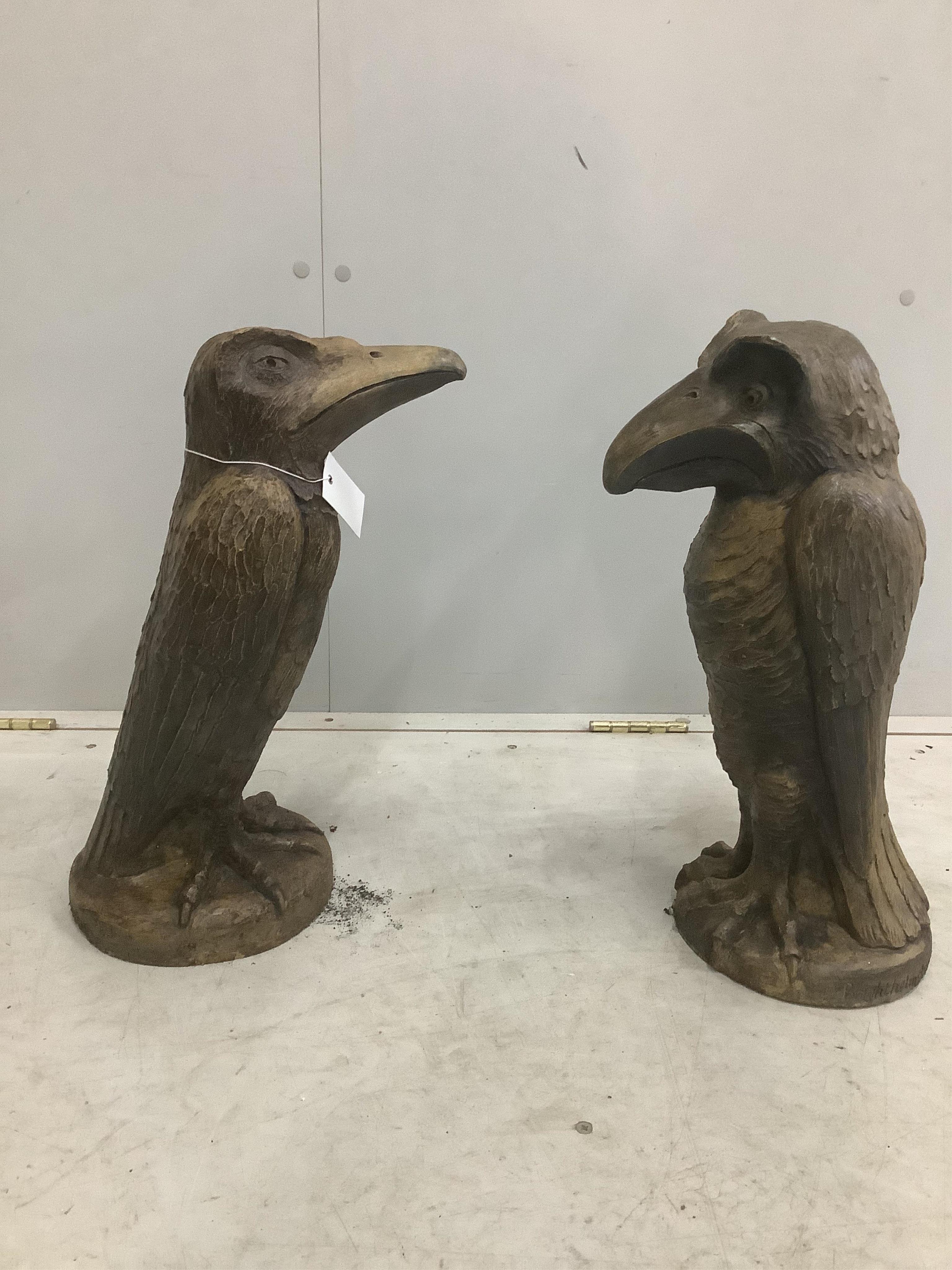 Two Martin Brothers style cast stone Wally Bird garden ornaments, larger height 46cm. Condition - fair